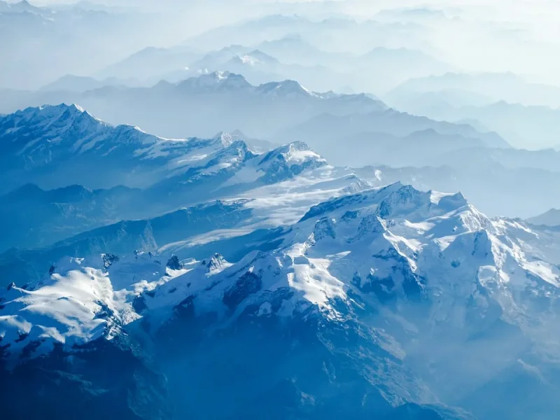 Blue glaciers and mountains.